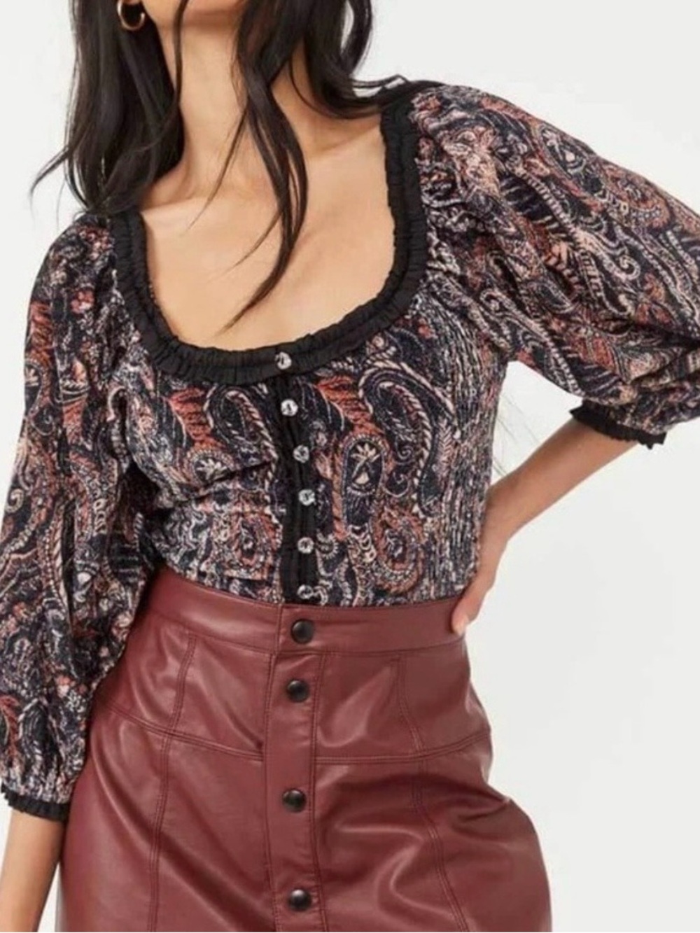 Free People Whimsigoth Dark Romantic Velvet Paisley Balloon Sleeve Top Sz Medium